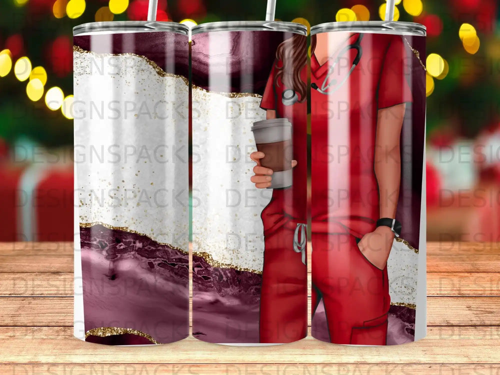 Nurse holding coffee cup with maroon and gold marbled tumbler wrap.