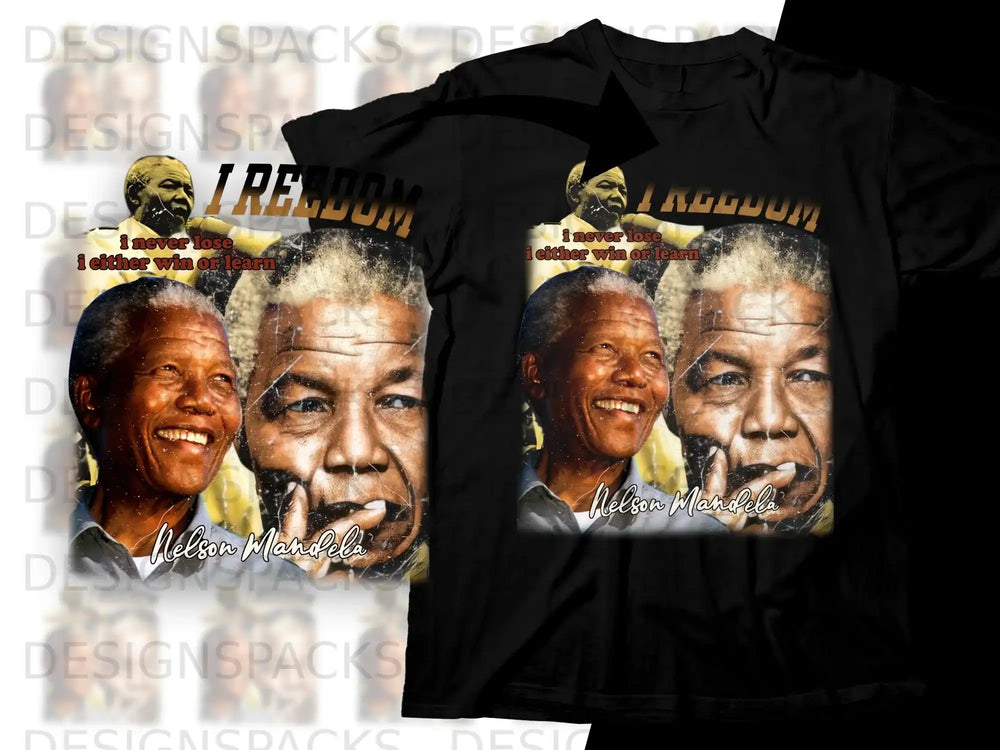 Nelson Mandela portrait with "I never lose, I either win or learn" quote.