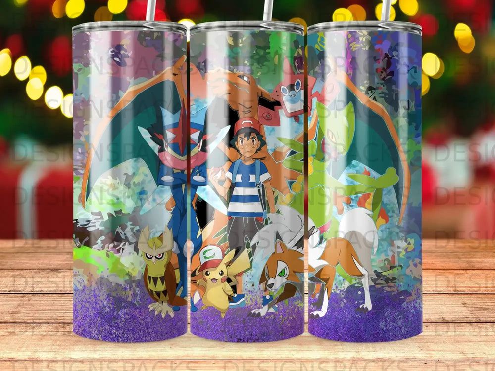 Pokemon characters Ash, Pikachu, and others on a purple glitter background.