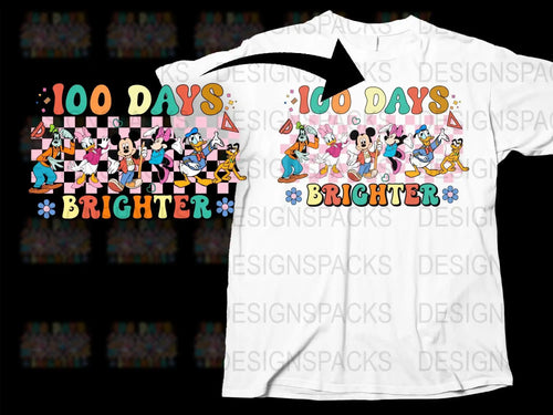 100 Days Brighter Disney characters t-shirt design, print-ready for DTF DTG, colorful school celebration graphic