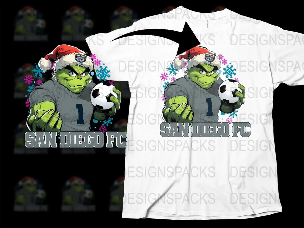 Grinch in Santa hat holding soccer ball, San Diego FC design on white t-shirt