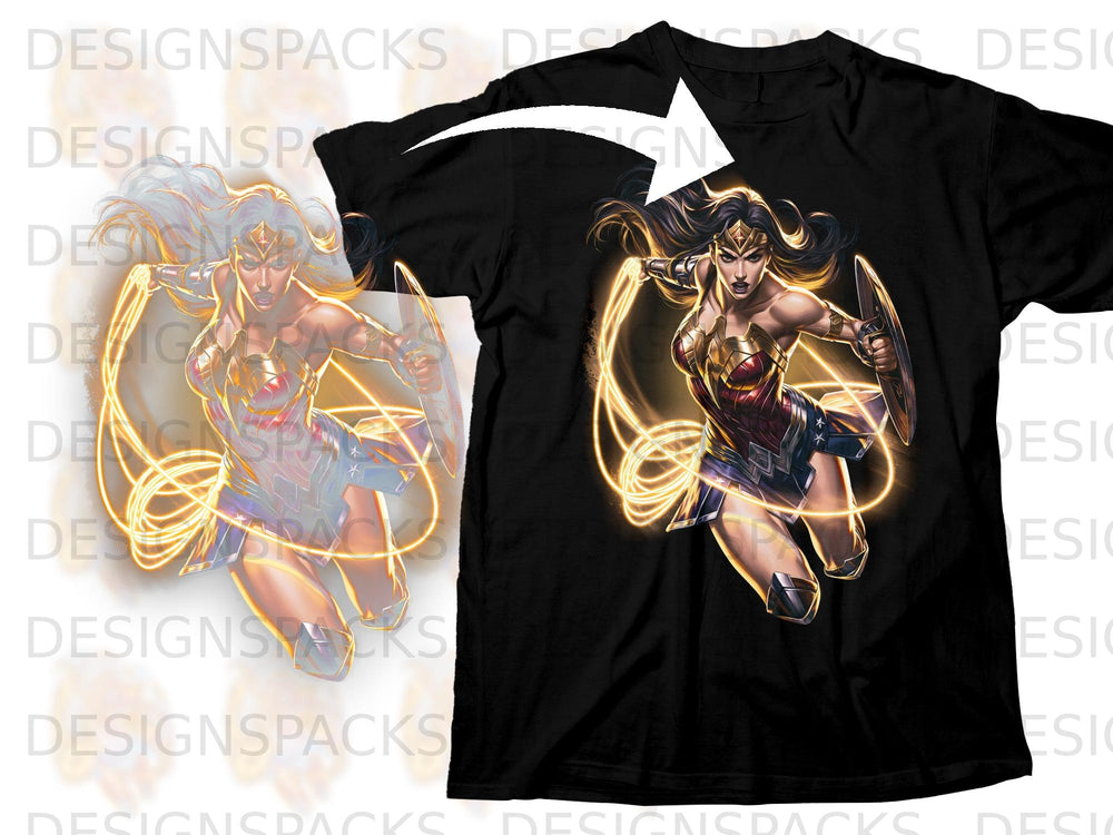 Wonder Woman in action with her Lasso of Truth on a black t-shirt.