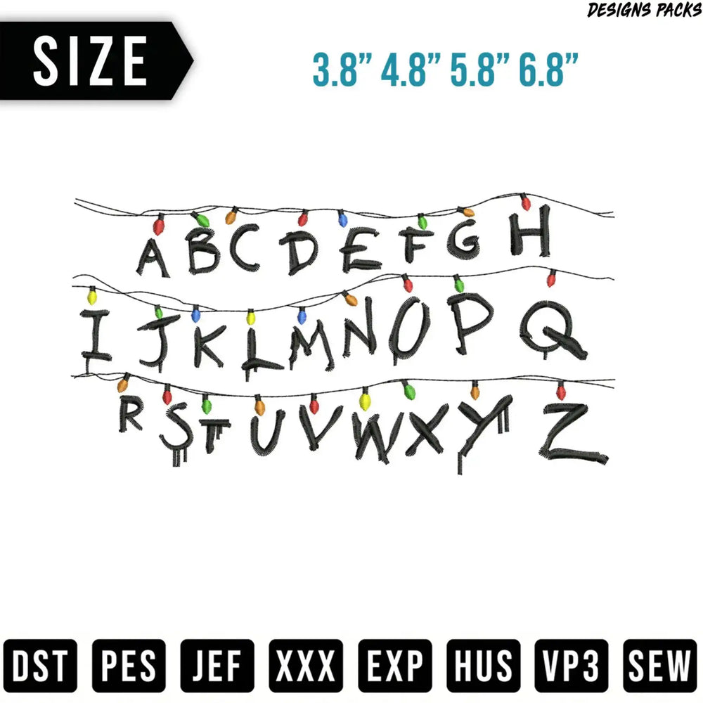 Alphabet letters with Christmas lights, available in four sizes.