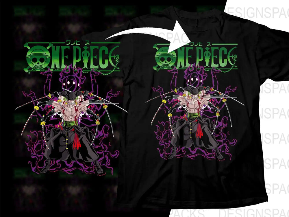 One Piece Zoro with three swords, green logo, purple flames on black t-shirt design