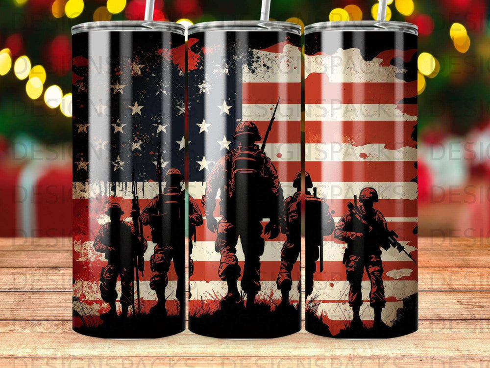 US flag silhouette with soldiers standing at attention.