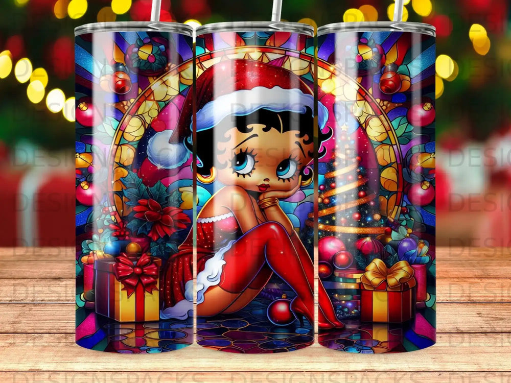 Betty Boop in Santa outfit with Christmas tree and gifts.