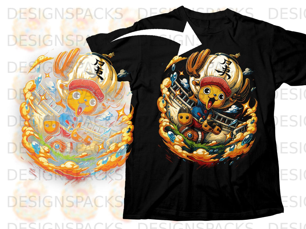 Tony Chopper from One Piece on a black t-shirt with Japanese text.