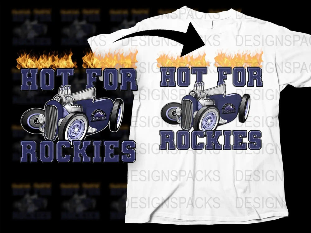 Hot for Rockies t-shirt design with flame and hot rod graphic, print-ready for DTG/DTF