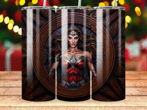 Wonder Woman's face in a circular wooden frame, with a patterned background.