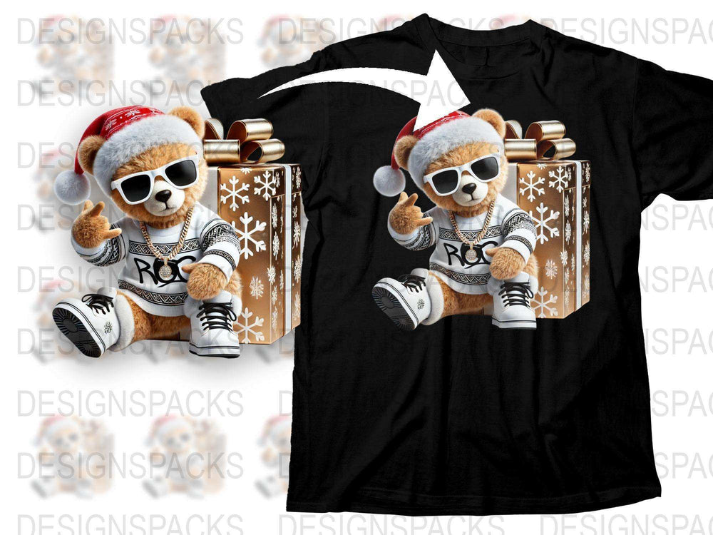 Hip Hop Bear Christmas T-Shirt, Cool Santa Hat, Urban Style Tee, Unisex Holiday Fashion, Trendy Winter Apparel