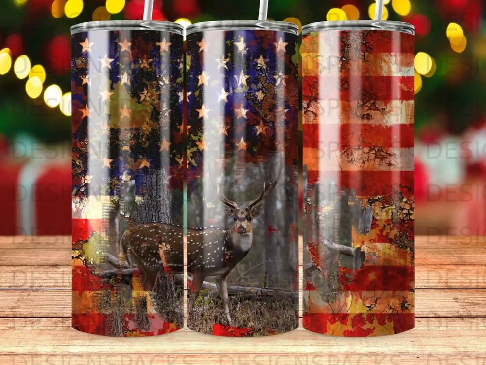 Deer stands in front of distressed American flag pattern.