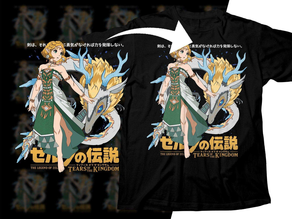 Legend of Zelda Tears of the Kingdom t-shirt design with Princess Zelda and dragon, print-ready graphic
