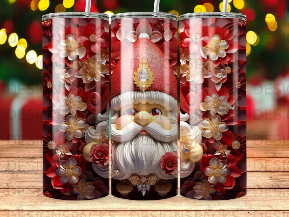 Santa Claus with intricate floral and jewel details, three times.