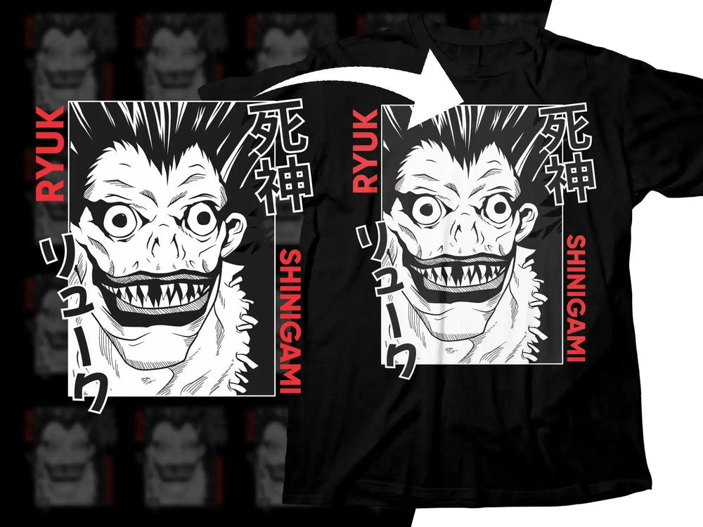 Ryuk Shinigami anime t-shirt design with bold black and white graphic print
