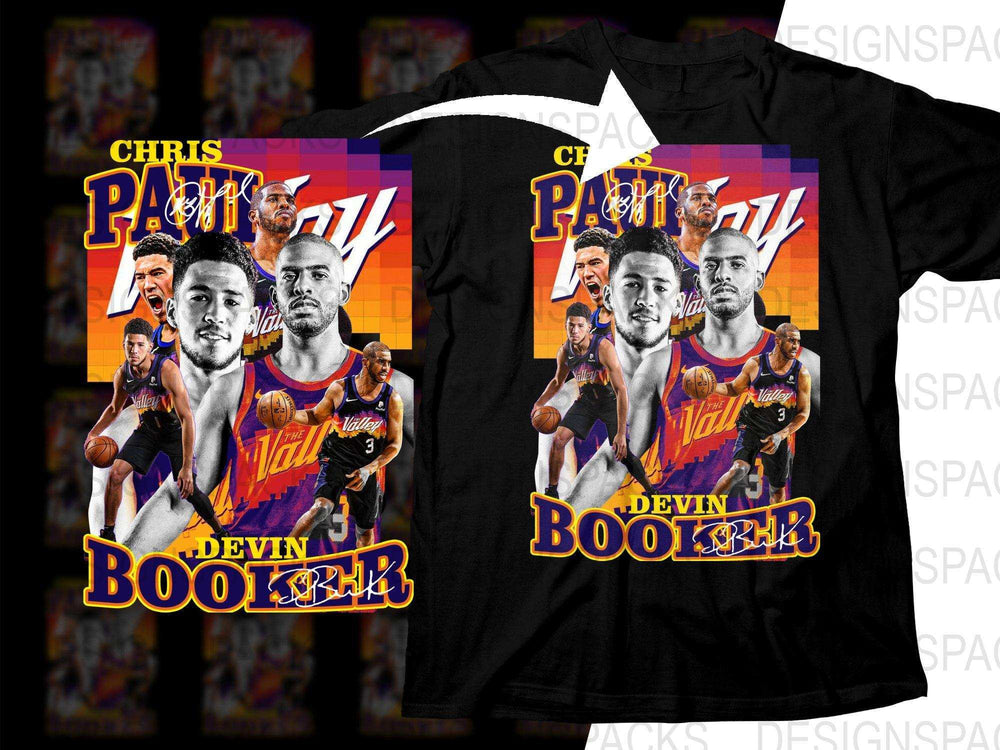 Chris Paul & Devin Booker basketball t-shirt design, print-ready PNG for DTF/DTG, featuring team jerseys and signatures