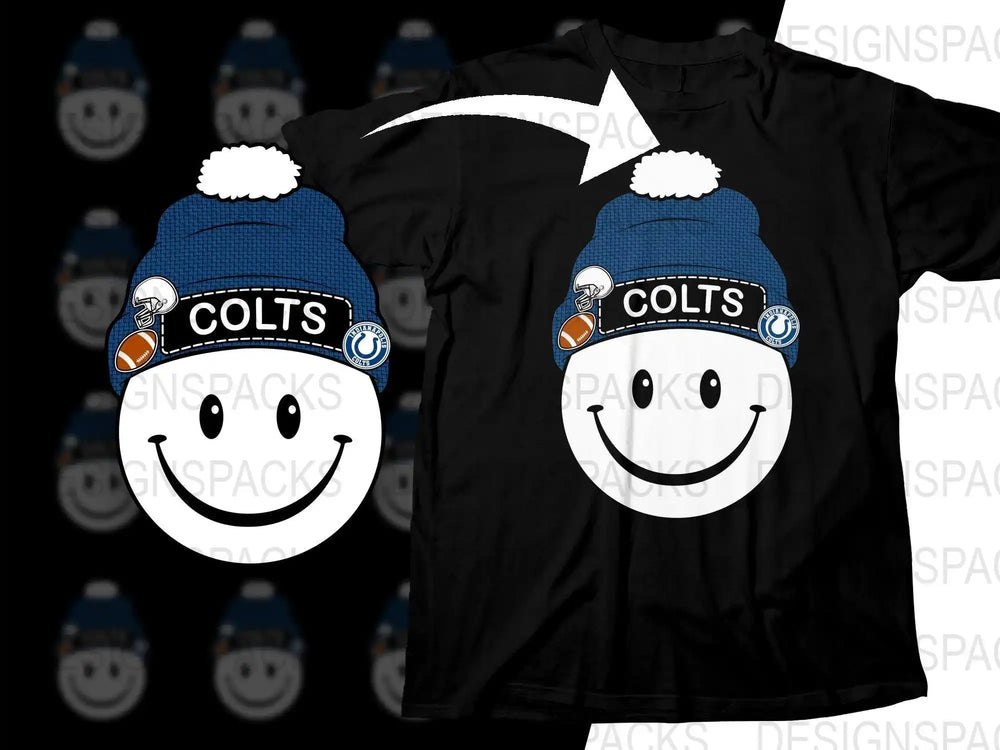 Colts smiley face in beanie t-shirt design, print-ready SVG for DTG/DTF, football fan apparel graphic