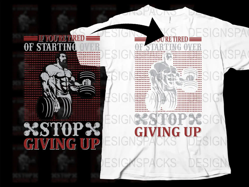 Motivational Gym T-Shirt, Stop Giving Up, Fitness Workout Tee, Inspirational Weightlifting Shirt, Red and White Design