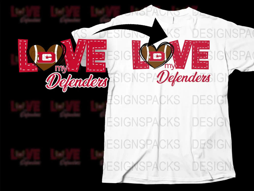 Love My Defenders football heart design for DTF DTG t-shirt printing, print-ready PNG SVG