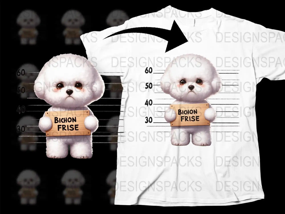 Cute Bichon Frise dog mugshot design on white t-shirt, print-ready for DTF DTG