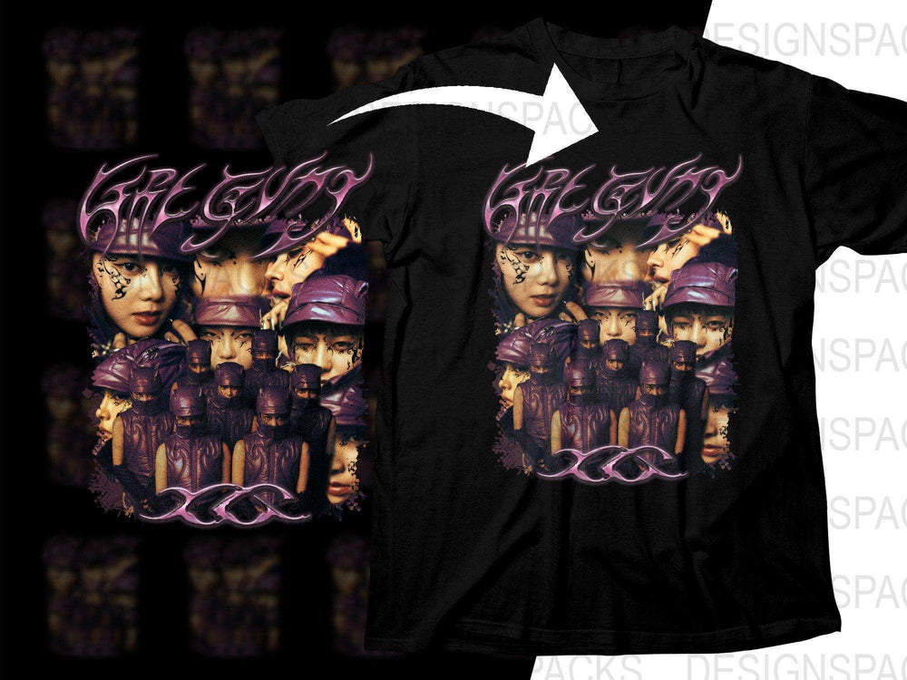 Black t-shirt with purple gothic faces and stylized text, print-ready DTF/DTG design for instant download