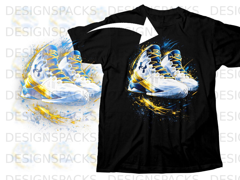 Black t-shirt with blue and gold athletic shoes graphic and abstract paint splatters.