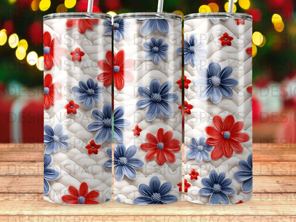 Red and blue flowers on textured white background, three tumbler designs.