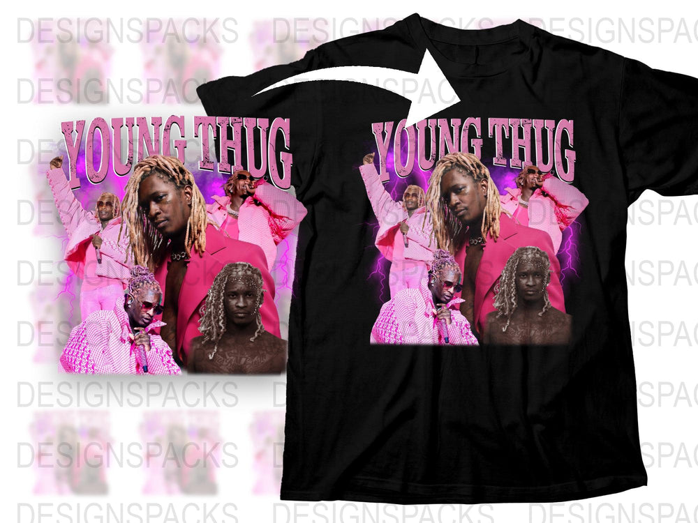 Young Thug Inspired Graphic T-Shirt, Pink Artwork Print, Hip Hop Music Tee, Unisex Black Cotton Shirt