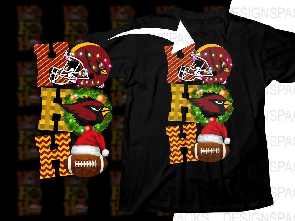 Holiday football design with cardinal helmet, wreath, and Santa hat football for DTF/DTG printing