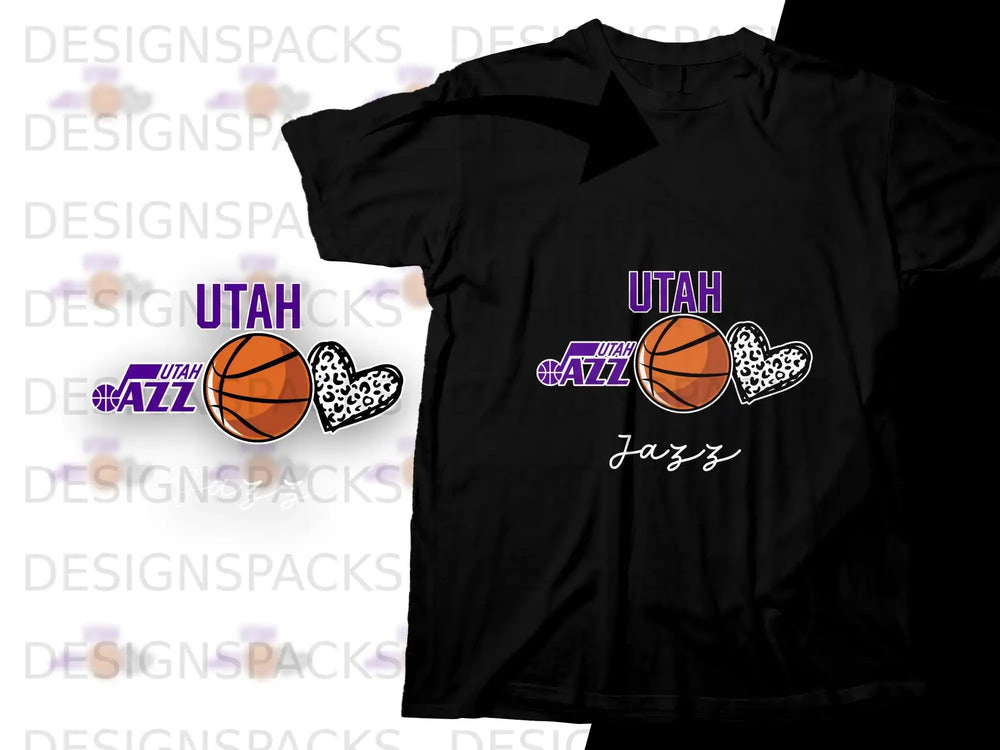 Black t-shirt with Utah Jazz basketball and heart graphic.