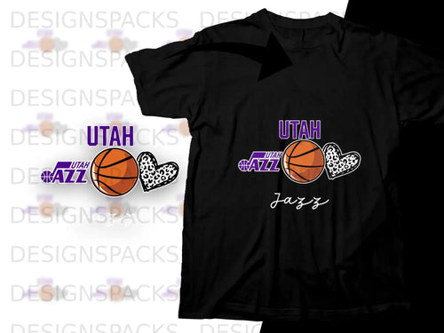 Black t-shirt with Utah Jazz basketball and heart graphic.