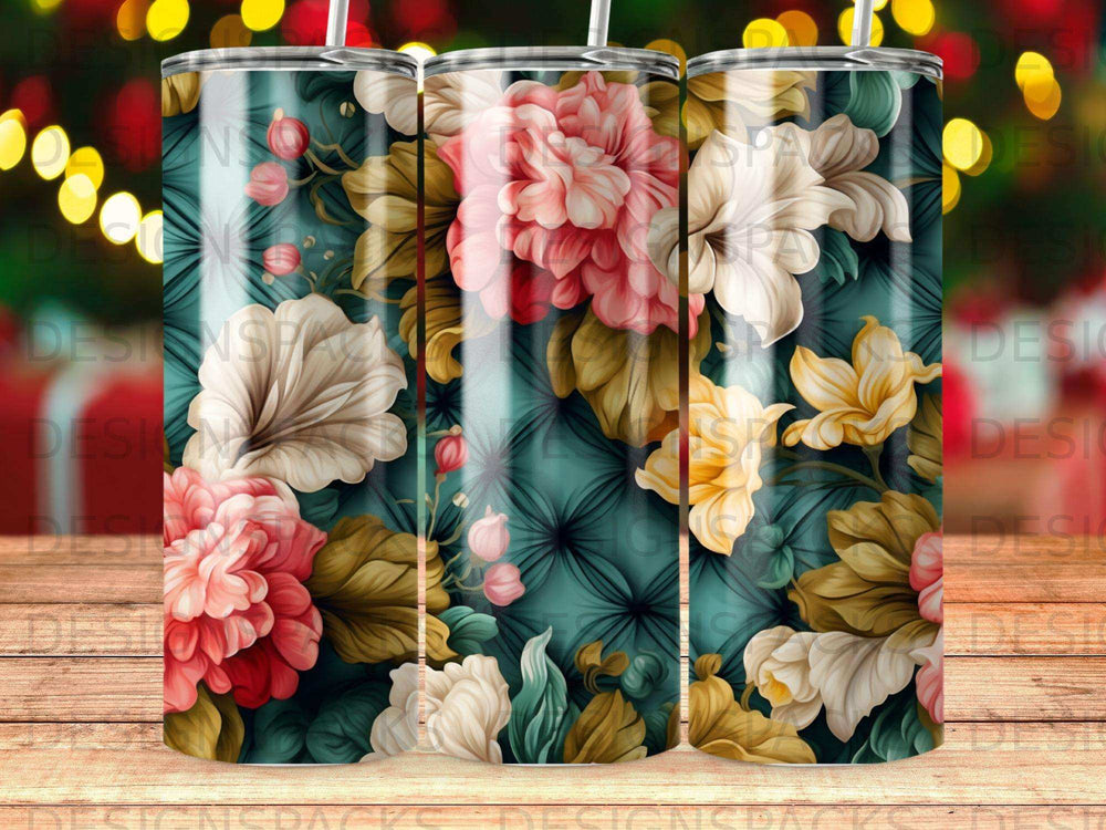 Floral pattern on a teal background with pink, white, and yellow flowers.