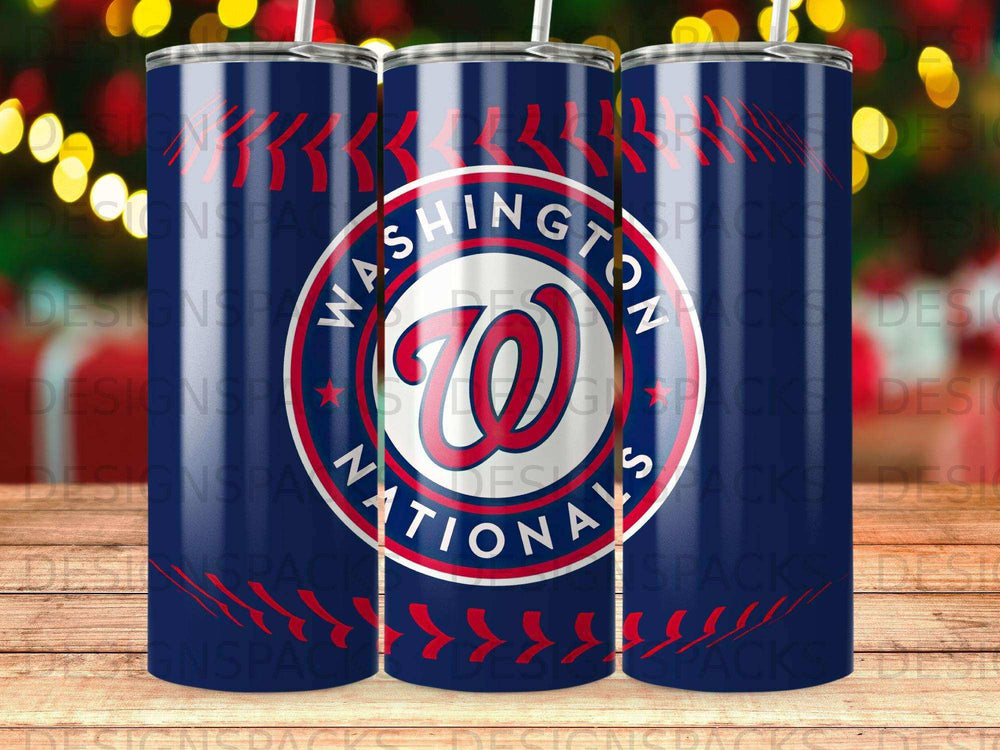 Washington Nationals logo on a dark blue tumbler with a straw.