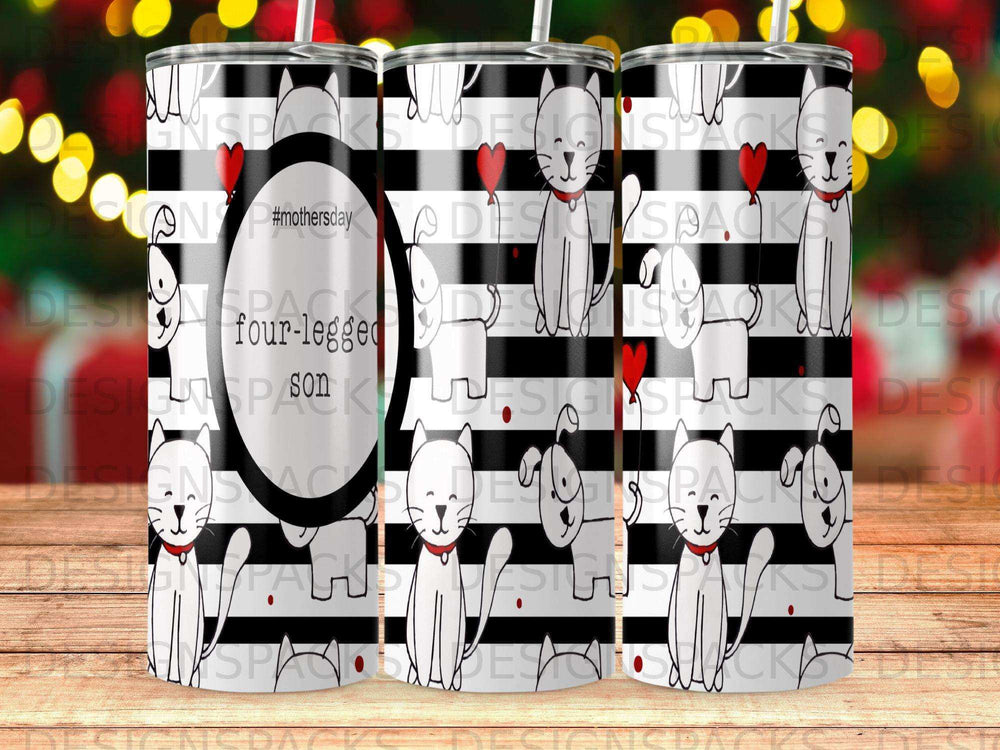 Black and white striped tumbler with cats, dogs, and hearts, "#MothersDay four-legged son".