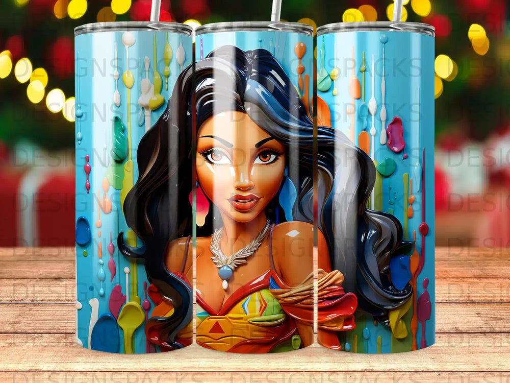Animated woman with dark hair and colorful indigenous-inspired outfit.