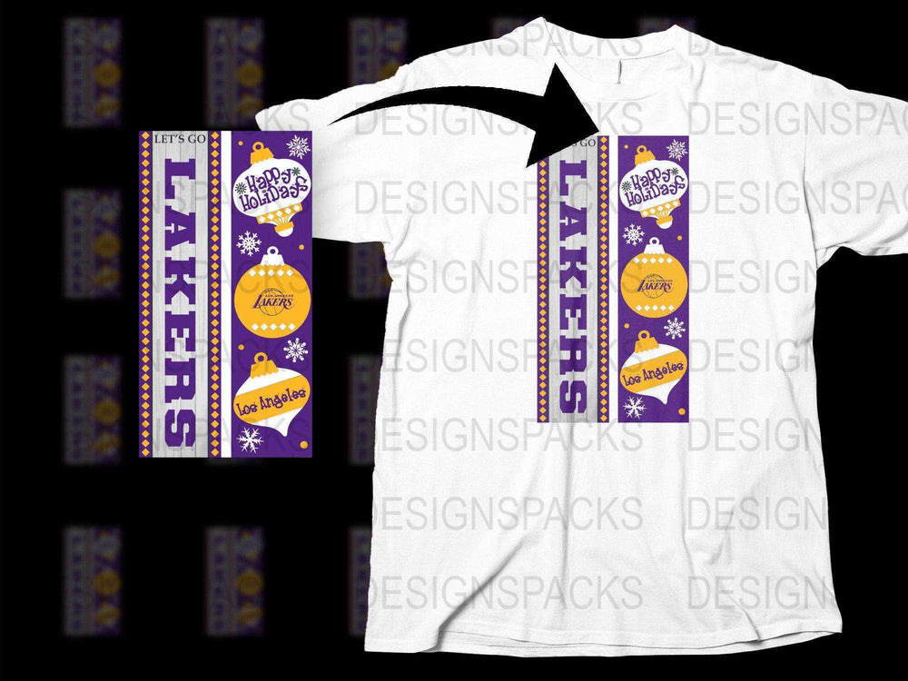 Lakers holiday-themed t-shirt design with ornaments and snowflakes, perfect for festive fan apparel.