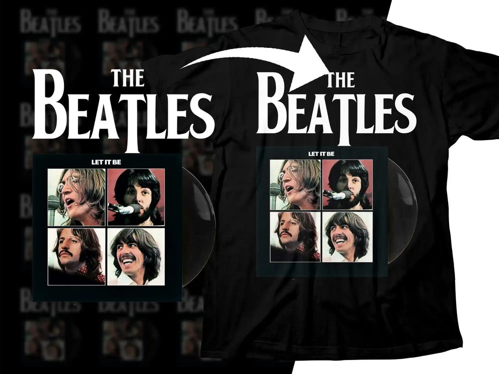 The Beatles 'Let It Be' album art on black t-shirt, print-ready design for DTG/DTF