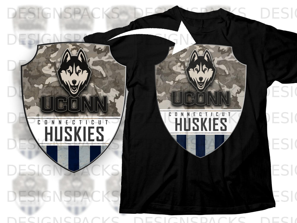 UCONN Huskies shield logo with husky face and camouflage background on black t-shirt.