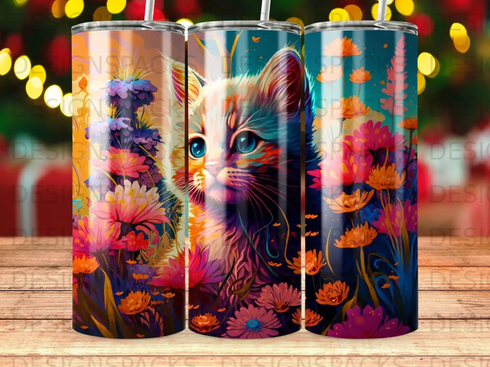 Kitten peeking through vibrant floral pattern on three tumblers.