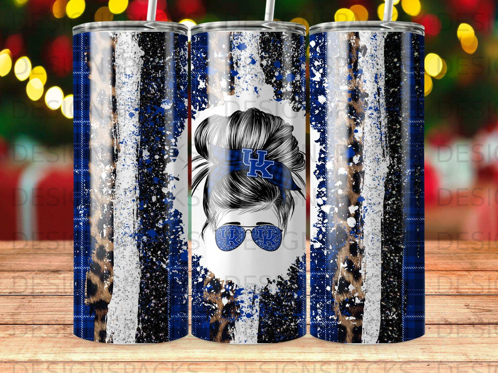 Blue and white plaid tumbler with leopard print, Kentucky Wildcats logo, and messy bun design.