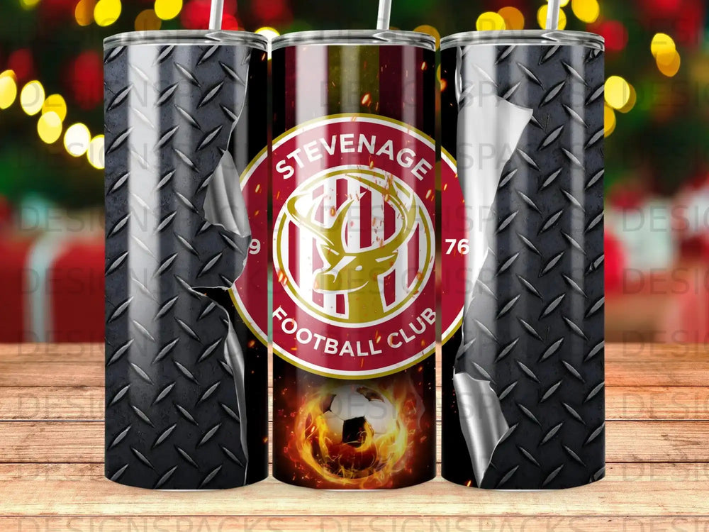 Stevenage Football Club logo with flames, on a metal tumbler.