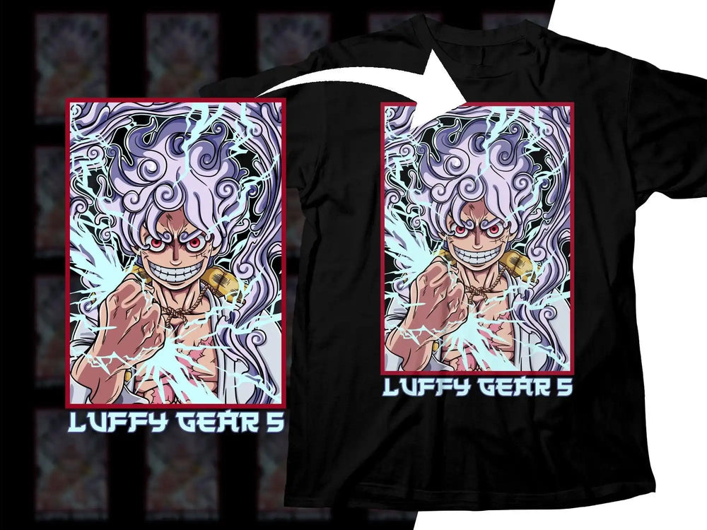 Luffy Gear 5 anime t-shirt design with electric energy effects, print-ready for DTG or DTF