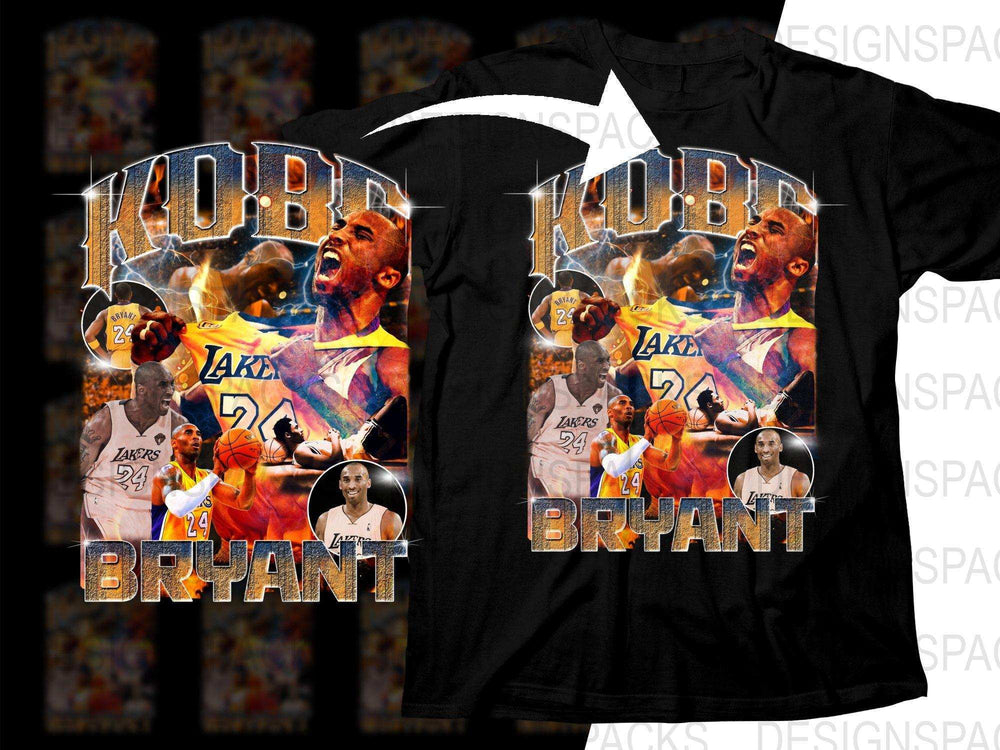 Kobe Bryant Lakers 24 basketball t-shirt design with dynamic action graphics and bold text