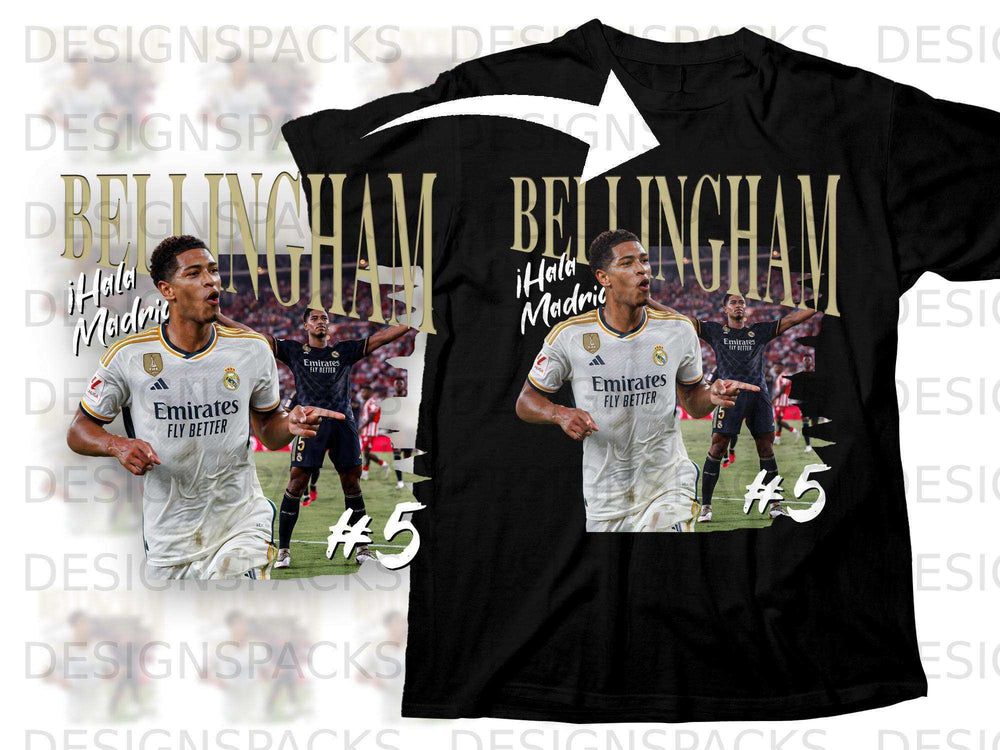 Jude Bellingham in Real Madrid kit with "¡Hala Madrid!" text, #5.