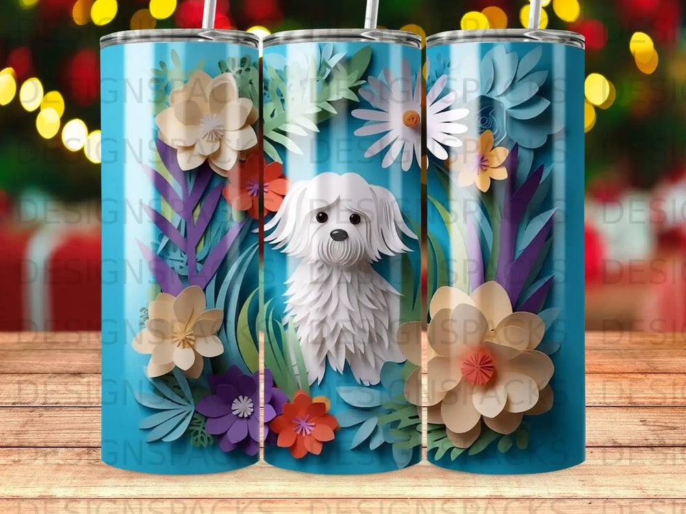 White fluffy dog surrounded by colorful paper flowers on a striped blue background.