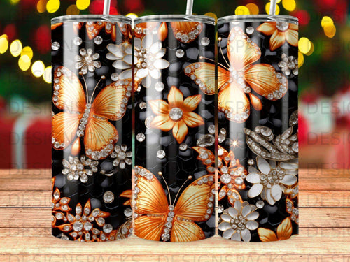 Orange butterflies and ornate flowers on a black hexagonal background.