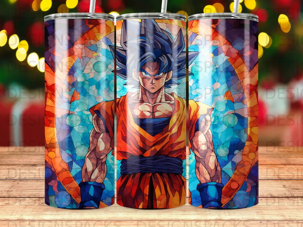 Anime character Goku in orange gi with blue hair, stained glass background.