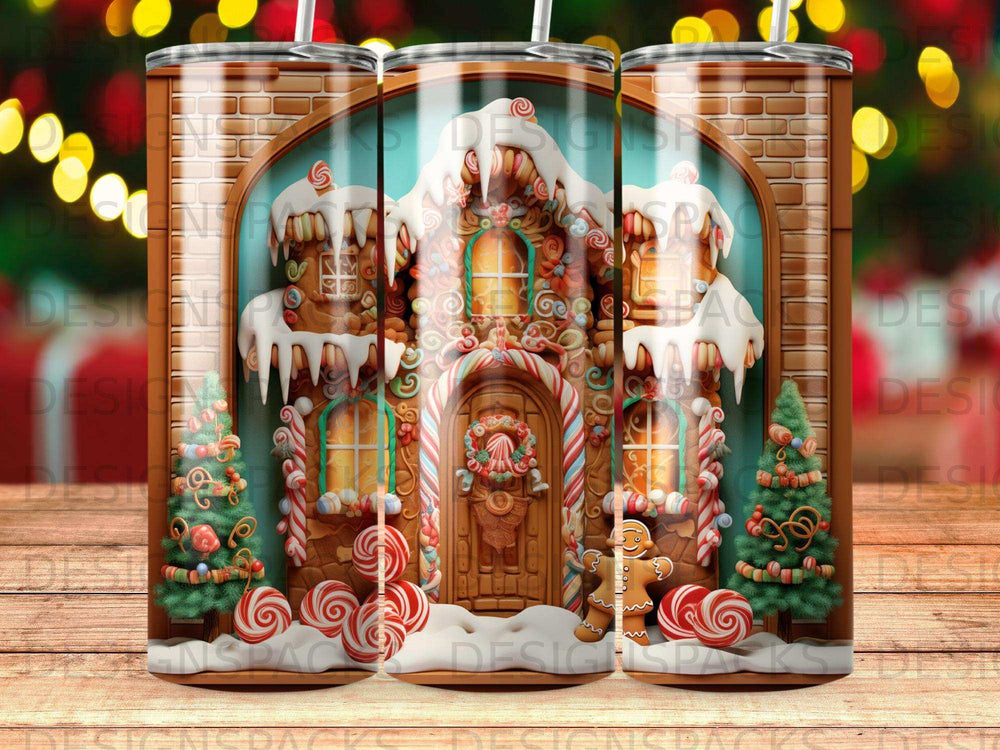 Gingerbread house with candy decorations and Christmas trees.