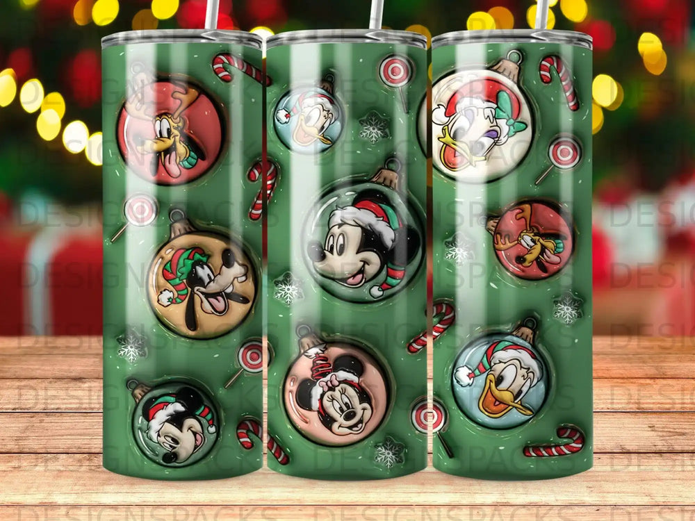 Christmas ornaments featuring Mickey Mouse, Donald Duck, and Pluto on a green background.