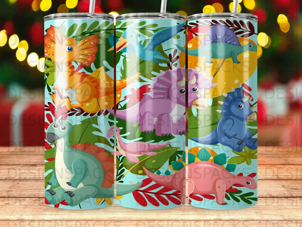 Colorful cartoon dinosaurs and tropical leaves pattern on a tumbler.
