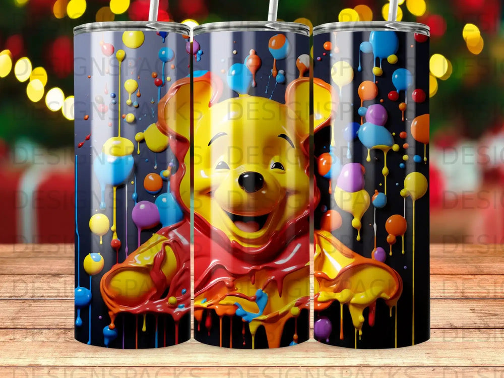 Winnie the Pooh character with colorful paint drips on a dark background.